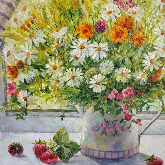 Hand Painted Acrilic Painting On Canvas Still Life With Flowers  14"x14" - Picture 3 of 4
